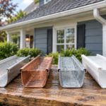 Gutter materials comparison showing aluminum, copper, galvanized steel, and white vinyl samples on a wooden workbench.